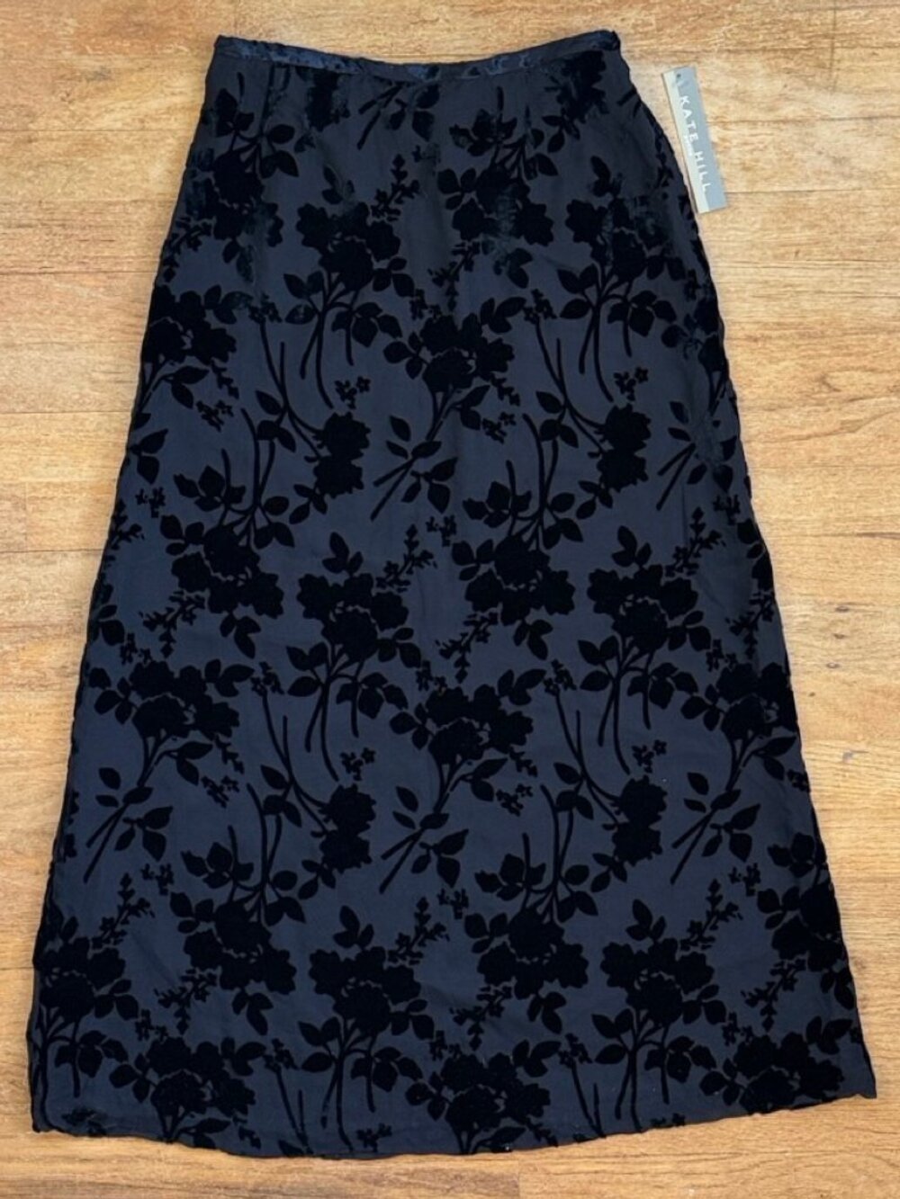 Vintage Floral Black Burnout Crushed Velvet Maxi Skirt Size XS 25" Waist Silk